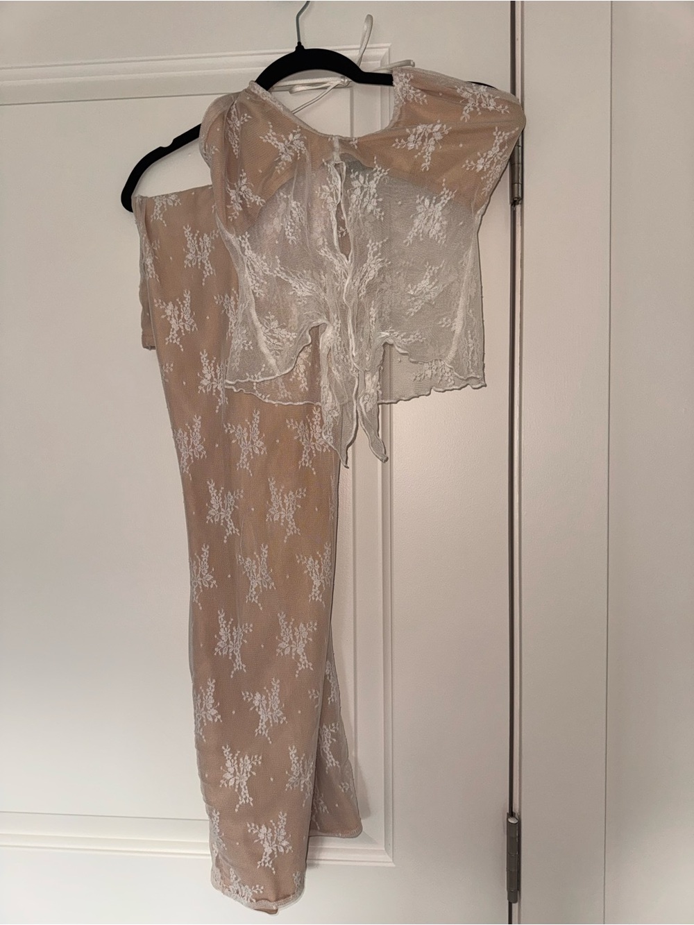 Tiger Mist Nude and White Sheer Lace Wide Leg Pantsuit